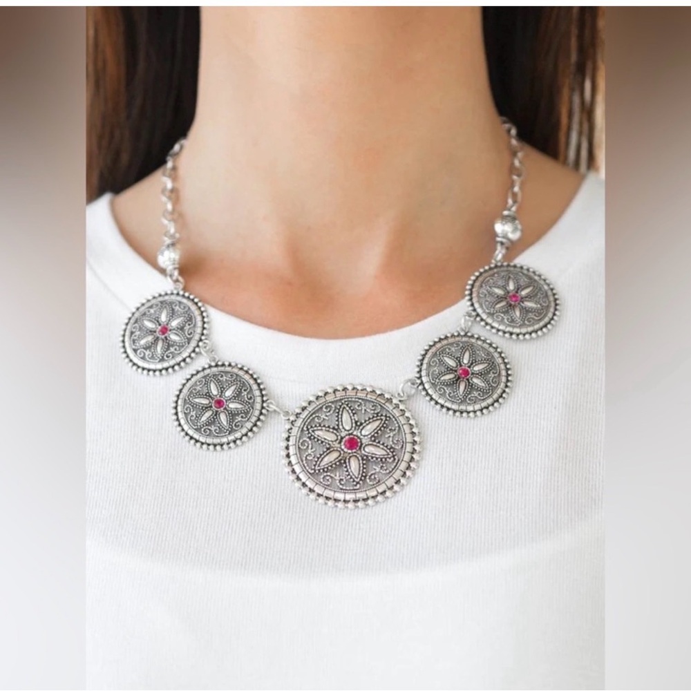 Boho Western Silver and Pink Statement Necklace NWT